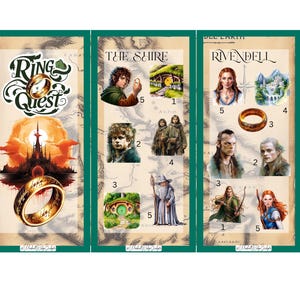 May include: A colourful illustrated guide to the locations and characters from the Lord of the Rings. The guide features images of the Shire, Rivendell, and other locations, as well as characters like Frodo, Gandalf, and Aragorn.