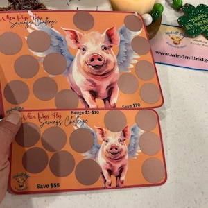 May include: Two orange and brown cards with a pink pig with wings on each. The top card has the text "When Pigs Fly Savings Challenge" and "Range $1-$10" and "Save $70". The bottom card has the text "When Pigs Fly Savings Challenge" and "Save $55".