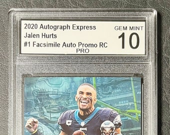 Tarjeta promocional autografiada facsímil de Jalen Hurts, novato de 2020 - Calificación PRO Gem Mint 10