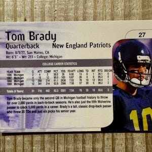 May include: A trading card featuring Tom Brady, a quarterback for the New England Patriots. The card is blue and white with a photo of Brady in a blue and yellow uniform. The card includes Brady's career statistics and a short biography.
