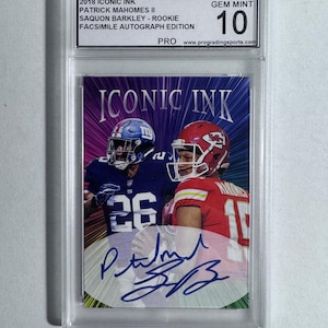 Tarjeta de fútbol de edición facsímil con autógrafo de Patrick Mahomes II y Saquon Barkley 2018, edición Iconic Ink - Super Bowl LIX (59)