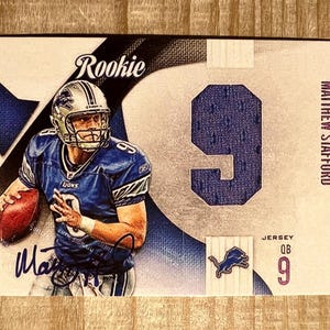 Matthew Stafford 2009 Rookie autographe imprimé en fac-similé écusson carte de football RP - Detroit Lions