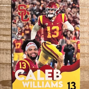 May include: A trading card featuring Caleb Williams, quarterback for the USC Trojans. The card has a yellow and red color scheme, with Williams in his football uniform. The text "CALEB WILLIAMS" and "QUARTERBACK" are displayed.