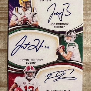 Tarjeta de fútbol americano RP con triple autógrafo de Justin Herbert, Joe Burrow y Tua Tagovailoa (2020)