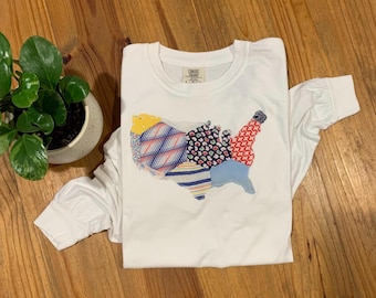 Patchwork USA Appliqué Shirt | Handmade Quilt-Inspired America Tee | Patriotic Long Sleeve Shirt