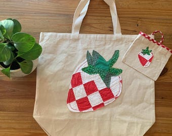 Canvas Tote Bag with Quilted Strawberry Appliqué & Pouch | Vintage Quilt Summer Market Bag