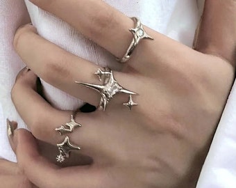 Celestial Cross Star Design Y2K Rings • Set Of 3 Adjustable Abstract Rings For Women In Silver • Gift For Her/ Best Friend Gift