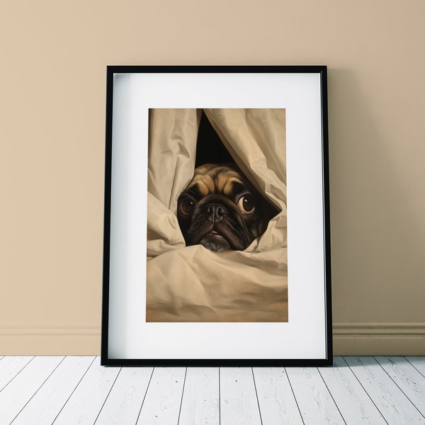 Cute Funny "Pug Hiding" Pug Print | Digital Oil Painting | Animal Portrait Wall Art | Dogs Art | Gallery Wall Art | Downloadable Fine Art