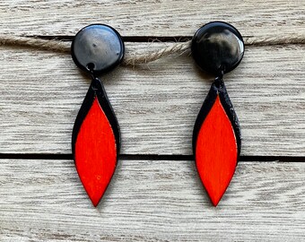 Handmade wooden earrings, lightweight earrings, wooden black & red earrings, handpainted earrings, valentine’s day earrings, passion