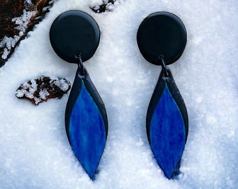 Handmade wooden earrings, lightweight earrings, wooden black & blue earrings, handpainted earrings, elegant earrings, passion, handmade gift