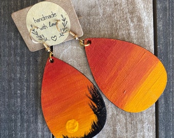 Handmade wooden earrings, lightweight earrings, sunset earrings, handpainted earrings, handmade gift