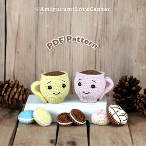 Modèle PDF de tasse à café et friandises au crochet – Ensemble de tasses amigurumi avec donuts, macarons et biscuits | Adorables jouets alimentaires au crochet