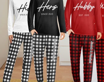 His and Hers Pajamas with Name Initials Date, Custom Couples Pajamas, Personalized Pajamas Sets for Couples, Valentines Day Gift