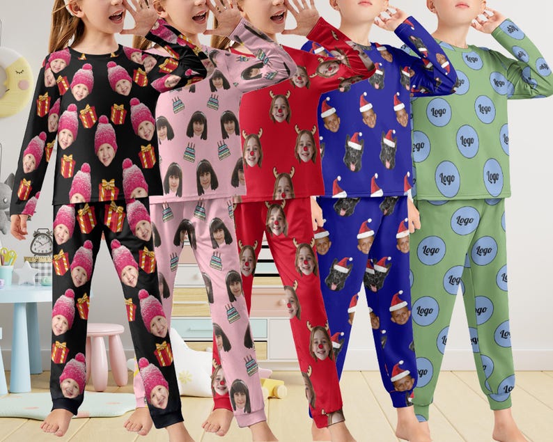 Julpyjamas för familjen, pyjamasset med personliga ansikten, långärmad topp och nederdel med personlig bild, pyjamasbyxor för barn och vuxna bild 1