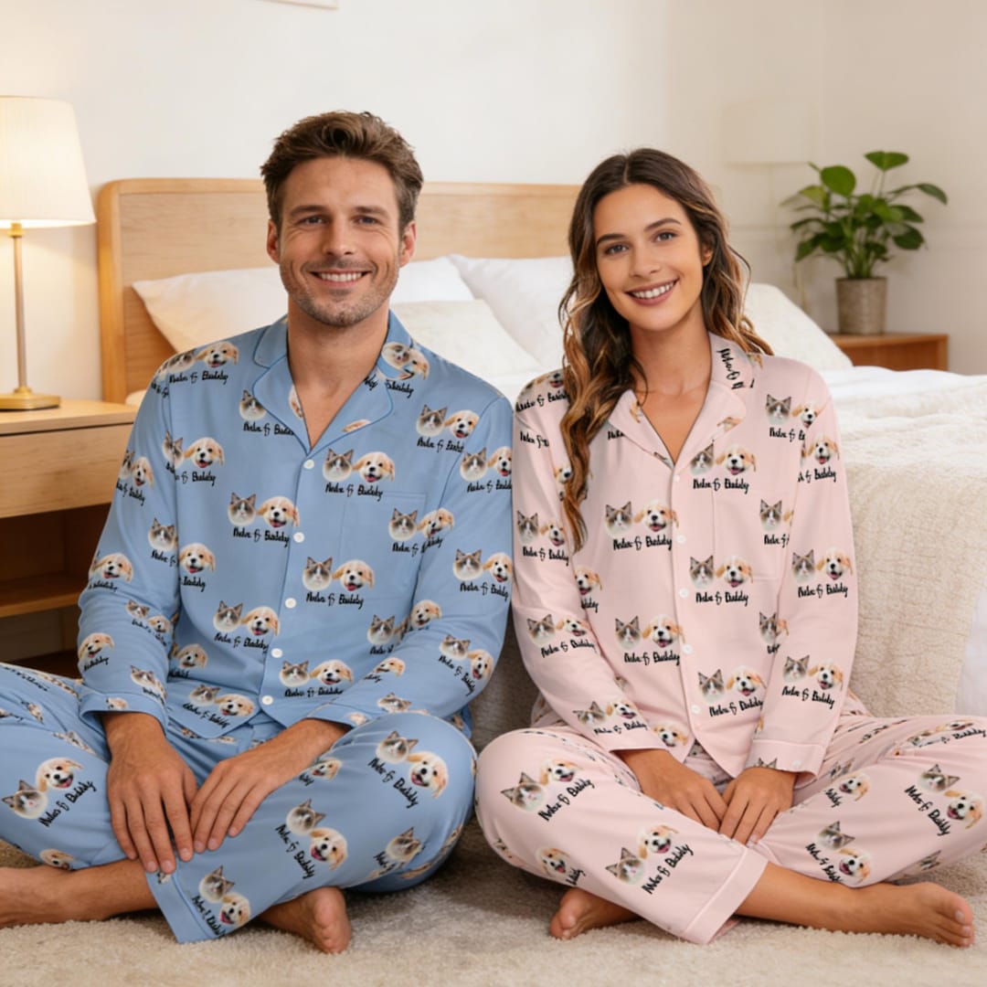 Custom Dog Photo Pajamas, Personalized Couples Pyjamas With Pet Face On ...