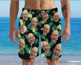 Custom Faces Beach Shorts, Hawaiian Photo Swim Trunks, Personalized Picture Swimwear, Mens Beach Shorts, Birthday Gift, Father’s Day Gift