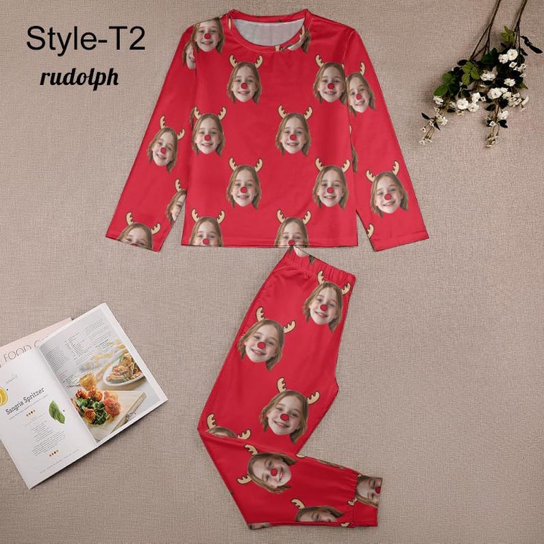 Julpyjamas för familjen, pyjamasset med personliga ansikten, långärmad topp och nederdel med personlig bild, pyjamasbyxor för barn och vuxna Style - T2