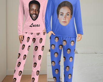 Custom Face Pajamas Set, Matching Couples Pjs, Personalized Face Pajama Top Pants, Photo PJ Set, Cute Funny Gift, Christmas Gift