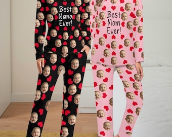 Pyjama voor beste moeder ooit, gepersonaliseerde gezichtspyjama, aangepaste pyjama met gezichten, topbroek pyjama, op maat gemaakt cadeau voor oma, Moederdagcadeaus