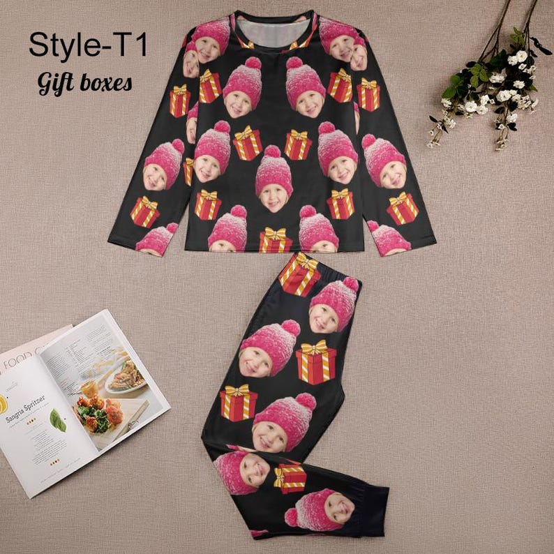 Julpyjamas för familjen, pyjamasset med personliga ansikten, långärmad topp och nederdel med personlig bild, pyjamasbyxor för barn och vuxna Style - T1
