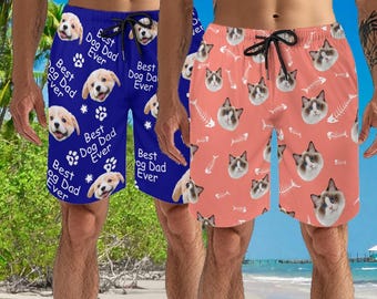 Custom Dog Face Beach Shorts, Personalized Cat Photo Swim Trunks, Pet Lover Swimwear, Mens Quick Dry Swim Suit, Birthday Gift, Best Dog Dad