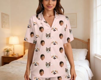Custom Faces Pajamas for Kids, Personalized Picture Short Sleeved Pjs Tops Pants, Christmas  Gift