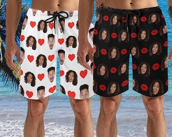 Strandshort op maat, zwembroek met gepersonaliseerde foto, badmode met liefdesharten en afbeelding, sneldrogend zwempak heren, cadeau vrijgezellenfeest