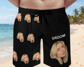 Aangepaste strandshorts, zwembroek met gezichtsfoto voor bruidegom, gepersonaliseerde badkleding met foto, zwempak met zakken, cadeau vrijgezellenfeest