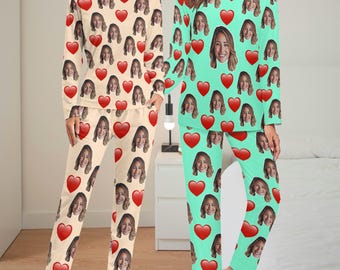 Personalized Face Pajamas, Custom Cute Hearts Pyjamas with Faces, Top Pants PJs Set, Customized Gift for Kids Men Women, Christmas Gifts