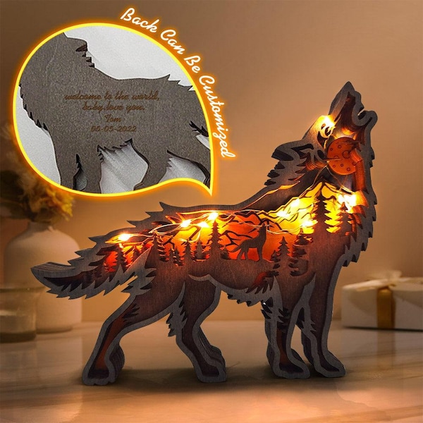 3D Wooden Fox Decoration plus light,Wooden Wild Animal Craft Decor, Wooden Fox Ornament, Desktop ornament Light, personalized Fox Lamp