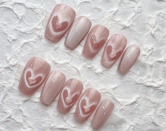 Reusable Pink Heart Press on Nails Gel Manicure | Fake Nails | Handmade | Press-on nails | Long-lasting | Fragrance Free | N-24954