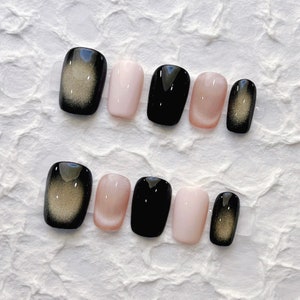 Wiederverwendbare Schwarz Rosa Cateye Press on Nails Gel Maniküre | Künstliche Nägel | Handarbeit | Pressnägel | Langlebig | 1-349