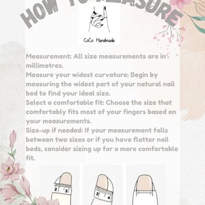 May include: How to measure your finger size for rings.  Instructions include measuring the widest part of your natural nail bed in millimeters.  Three illustrations show how to measure your finger with a ruler.