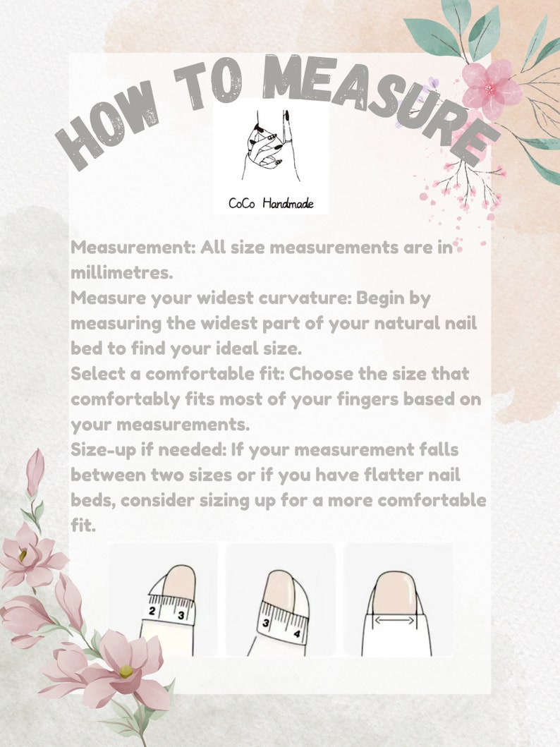 May include: How to measure your finger size for rings.  Instructions include measuring the widest part of your natural nail bed in millimeters.  Three illustrations show how to measure your finger with a ruler.