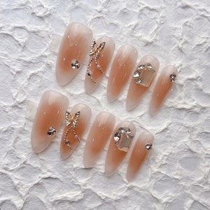 Reusable Beige with Sliver Butterfly Press on Nails Gel Manicure | Fake Nails | Handmade | Press-on nails | Long-lasting | 1-088