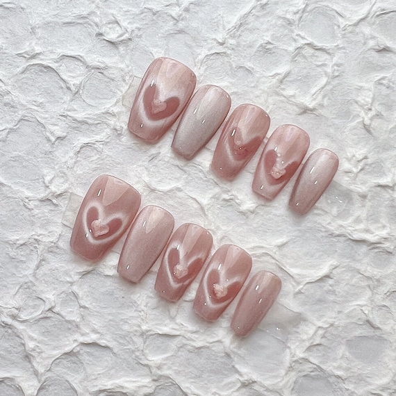 Reusable Pink Heart Press on Nails Gel Manicure | Fake Nails | Handmade | Press-on nails | Long-lasting | Fragrance Free | N-24954