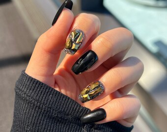 Reusable Black Gold Diamond Press on Nails Gel Manicure | Fake Nails | Handmade | Press-on nails | Long-lasting | Fragrance Free | A1682