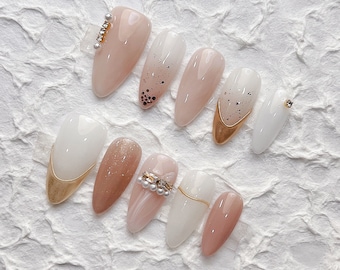 Reusable Simple Pink with Gold Press on Nails Gel Manicure | Fake Nails | Handmade | Press-on nails | Fragrance Free | 1-A01344