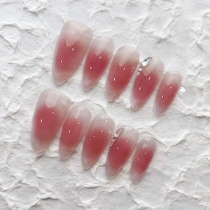 Reusable Clear Pink Aura Cat Eye with Diamond Press on Nails Gel Manicure | Fake Nails | Handmade | Press-on nails | Long-lasting | 1-272