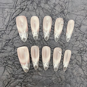 Reusable Cat Eye with Butterfly Press on Nails Gel Manicure | Fake Nails | Handmade | Press-on nails | Long-lasting | N-241081