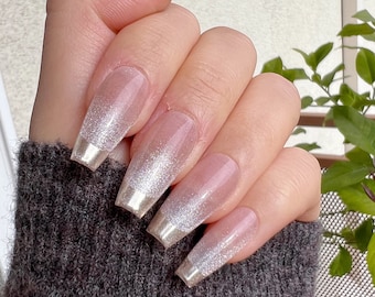 Reusable Pink Cateye with French Tip Press on Nails Gel Manicure | Fake Nails | Handmade | Press-on nails | Long-lasting | G-M-2-175