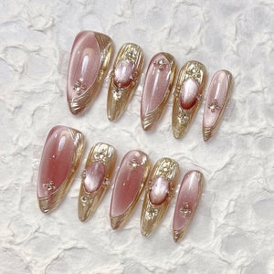 Reusable Pink Buccellati Press on Nails Gel Manicure | Fake Nails | Handmade | Press-on nails | Long-lasting | Fragrance Free | N-29237