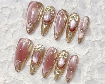 Återanvändbara rosa Buccellati Press on Nails Gelmanikyr | Lösnaglar | Handgjorda | Press on naglar | Hållbar | Parfymfri | N-29237