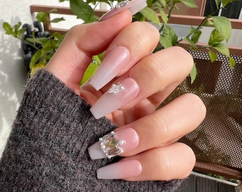 Reusable Pink With Diamond Press on Nails Gel Manicure | Handmade | Press-on nails | Long-lasting | Fragrance Free | G-D-3-753
