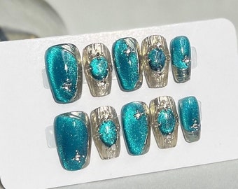 Reusable Turquoise Buccellati Press on Nails Gel Manicure | Fake Nails | Handmade | Press-on nails | Long-lasting | Fragrance Free | N29239