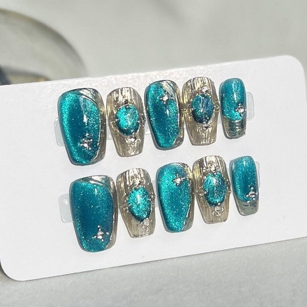 Reusable Turquoise Buccellati Press on Nails Gel Manicure | Fake Nails | Handmade | Press-on nails | Long-lasting | Fragrance Free | N29239