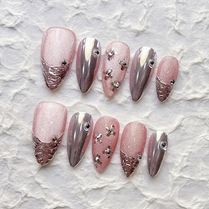 Reusable Chrome Powder with Pink Press on Nails Gel Manicure | Fake Nails | Handmade | Press-on nails | Long-lasting | 1-A642