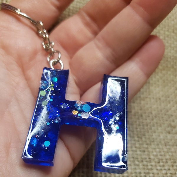 Letter H Blue- Handcrafted Epoxy Resin Alphabet Personalized Monogram Keychain Accessory by Allies Artisans Crafted with Care.