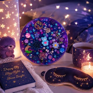 May include: A circular purple resin art piece embedded with various charms including a blue bear, flowers, stars, and a crescent moon. The piece is surrounded by a purple book with gold text, a purple sleep mask, a mug, and a star-patterned lamp.