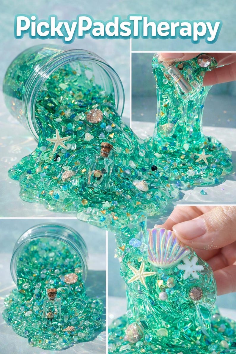 May include: A jar of teal-colored slime with glitter, seashells, and starfish. The slime is spilling out of the jar, creating a textured, flowing effect. The text "PickyPadsTherapy" is at the top. The slime is decorated with small corked bottles.